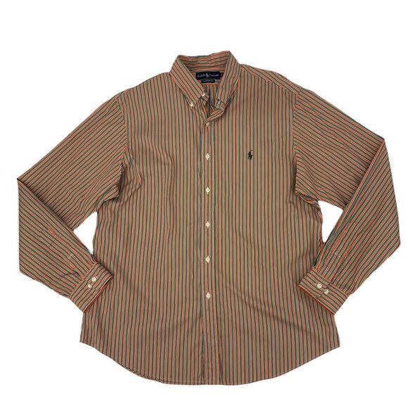 Ralph Lauren Custom Fit Shirt Mens XL Extra Large Green/Orange Striped Cotton - Picture 1 of 8